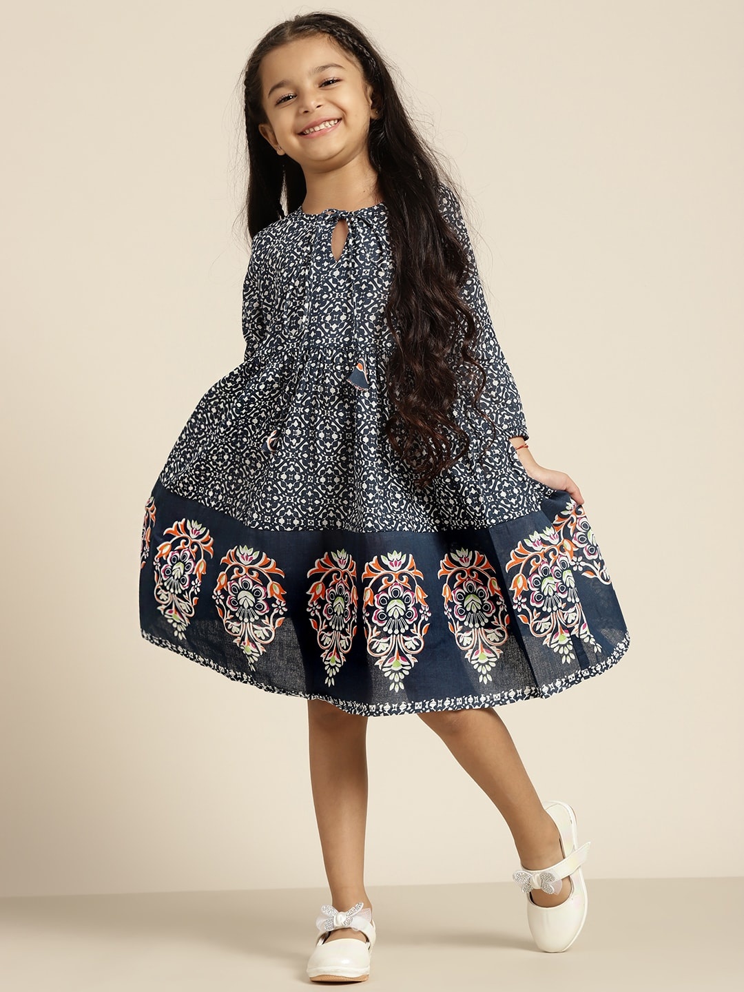 

Sangria Girls Ethnic Printed Fit & Flare Dress, Navy blue