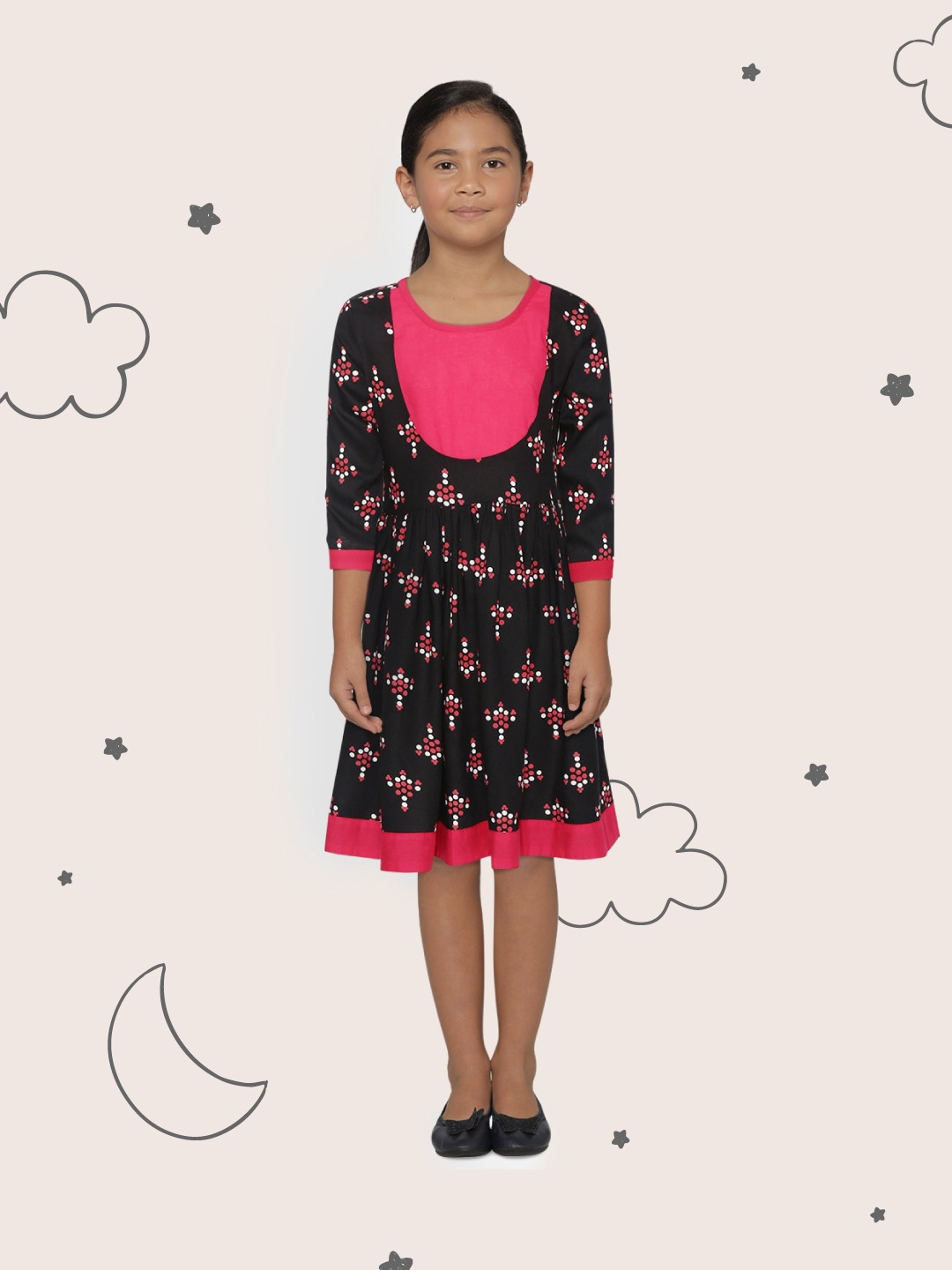 

Sangria Girls Ethnic Motif Printed A Line Dress, Black