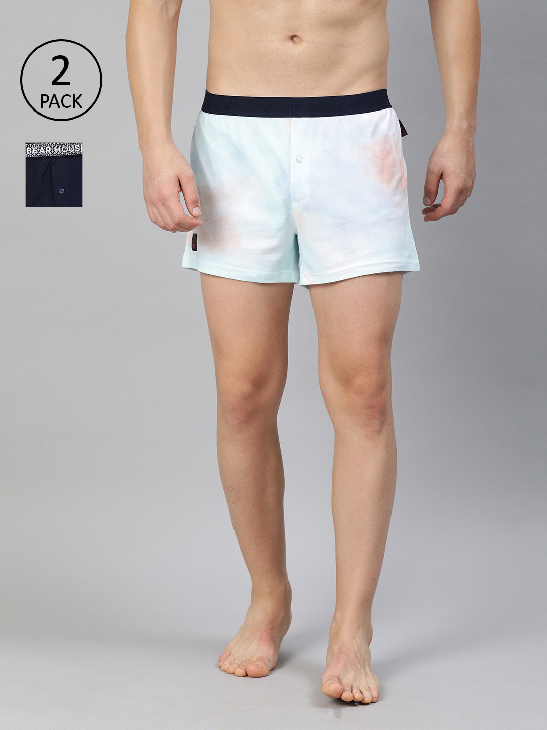 

THE BEAR HOUSE Men Pack of 2 White & Navy Blue Knitted Printed Pure Cotton Boxers TBH-HENRI