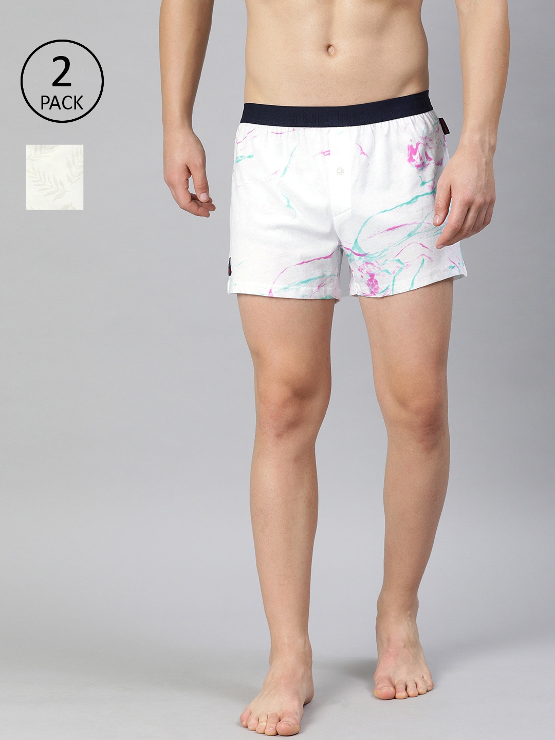 

THE BEAR HOUSE Men Pack of 2 White & Beige Knitted Printed Pure Cotton Boxers TBH-MANILOW