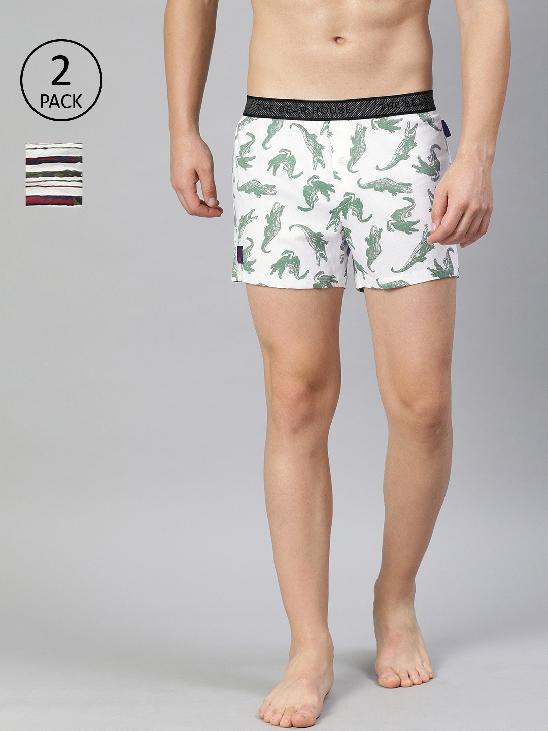 

THE BEAR HOUSE Men Pack of 2 Knitted Printed Pure Cotton Boxers TBH-MADDIE, White