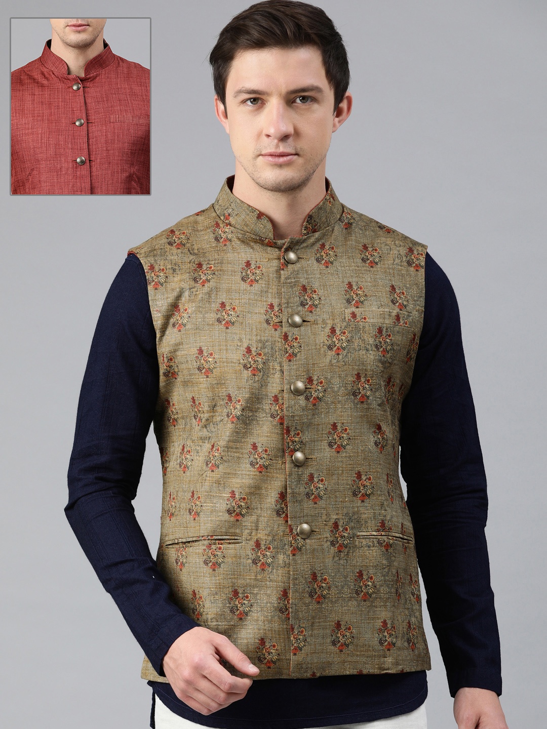 

Ethnix by Raymond Men Khaki Printed Reversible Nehru Jacket