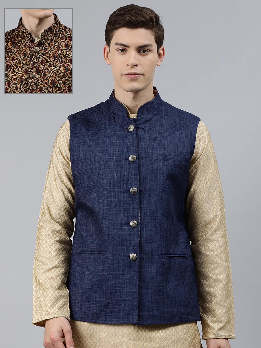 

Ethnix by Raymond Men Navy Blue & Beige Woven Design Reversible Nehru Jacket