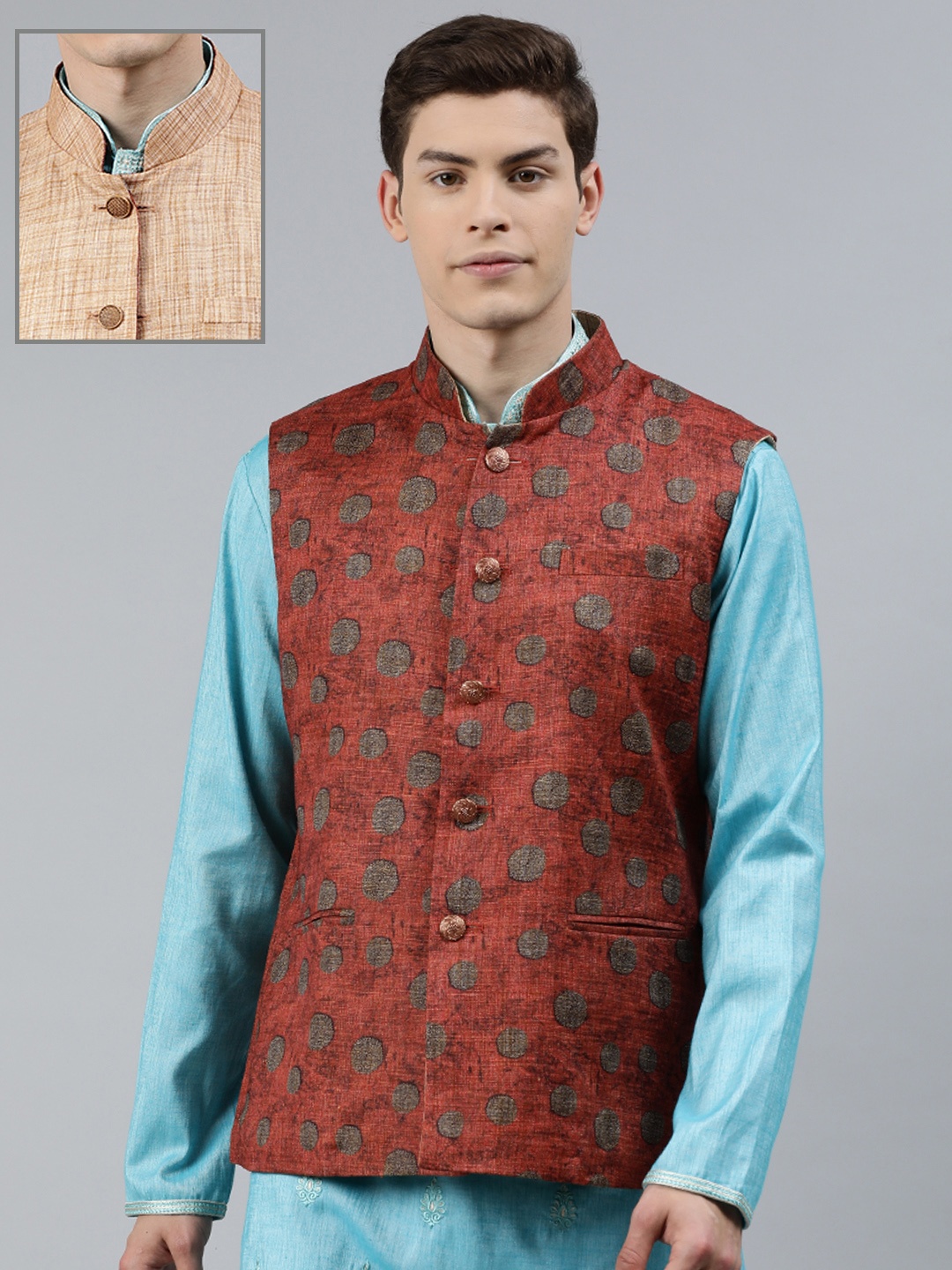 

Ethnix by Raymond Men Rust Brown & Beige Woven Design Reversible Nehru Jacket