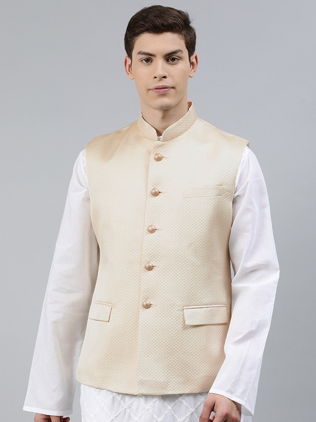 

Ethnix by Raymond Men Beige & Gold-Toned Woven Design Nehru Jacket