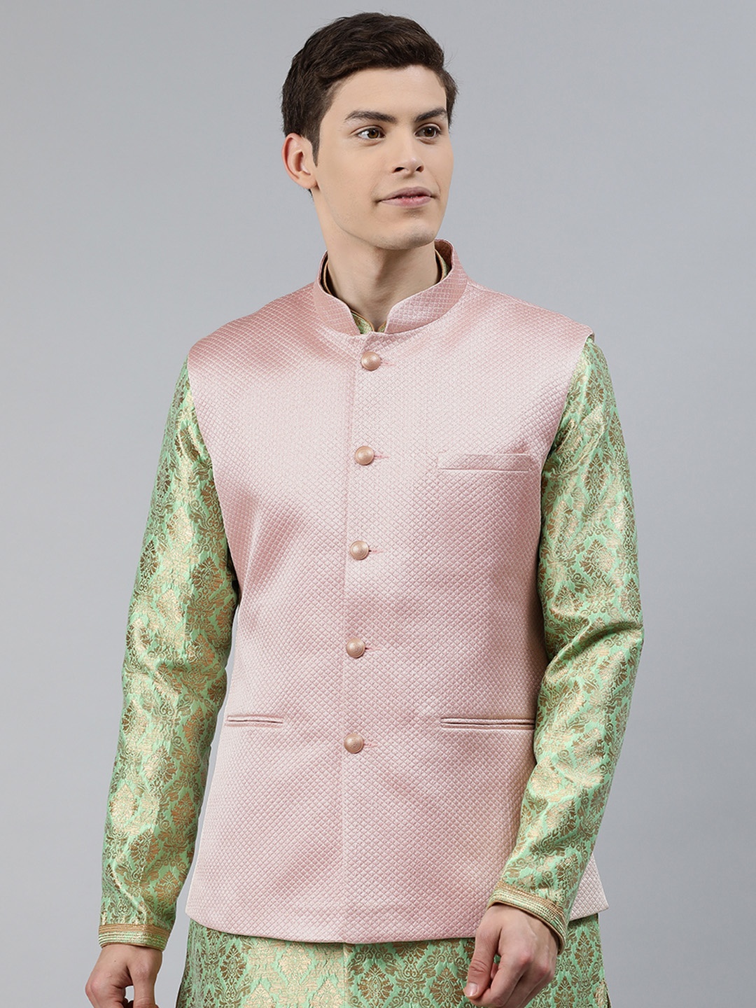 

Ethnix by Raymond Men Pink & Gold-Toned Woven Design Nehru Jacket