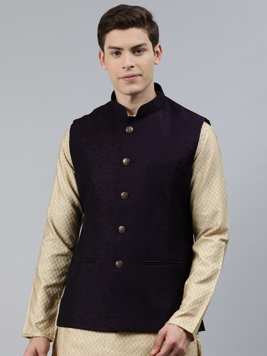 

Ethnix by Raymond Men Burgundy Woven Design Nehru Jacket