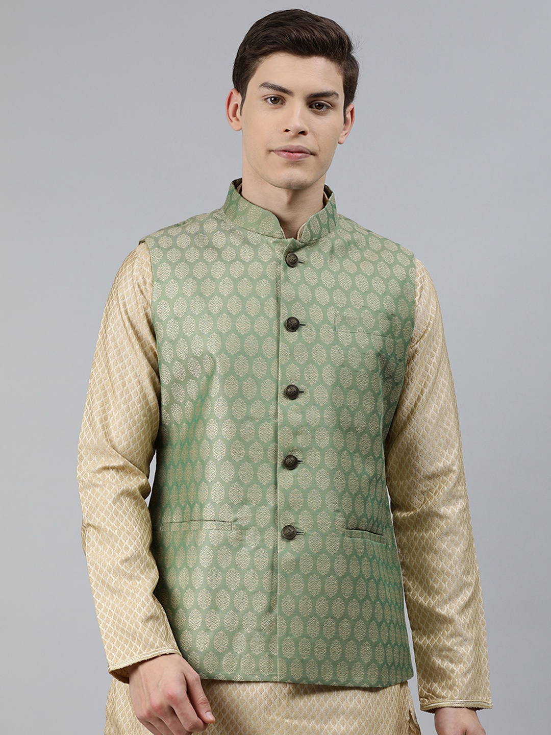 

Ethnix by Raymond Men Green & Gold-Toned Woven Design Nehru Jacket
