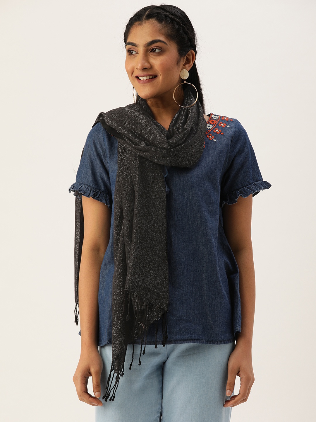 

Ayesha Women Black Solid Contemporary Linen Scarf