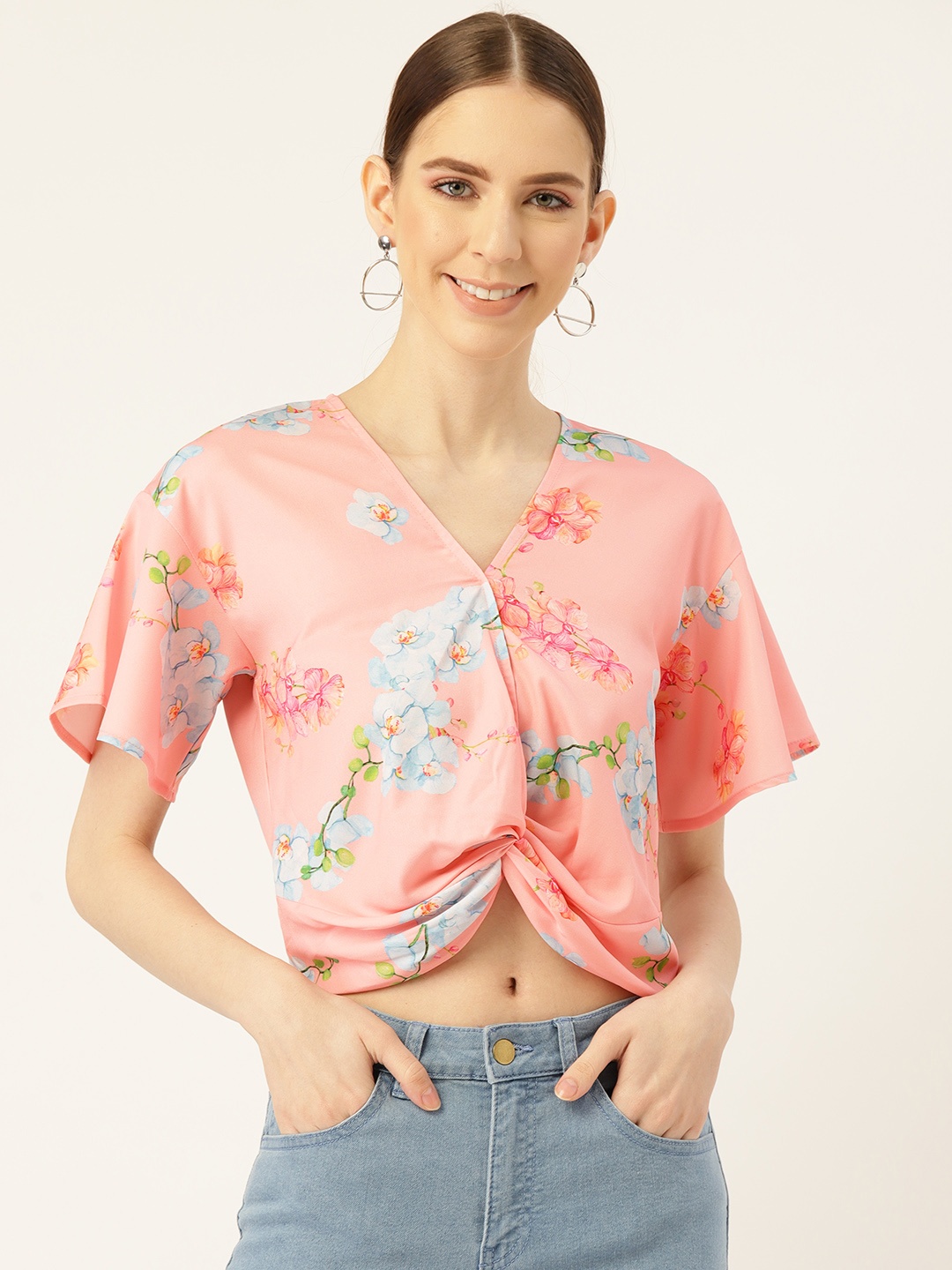 

Off Label Women Peach-Coloured & Blue Floral Print Crop Top