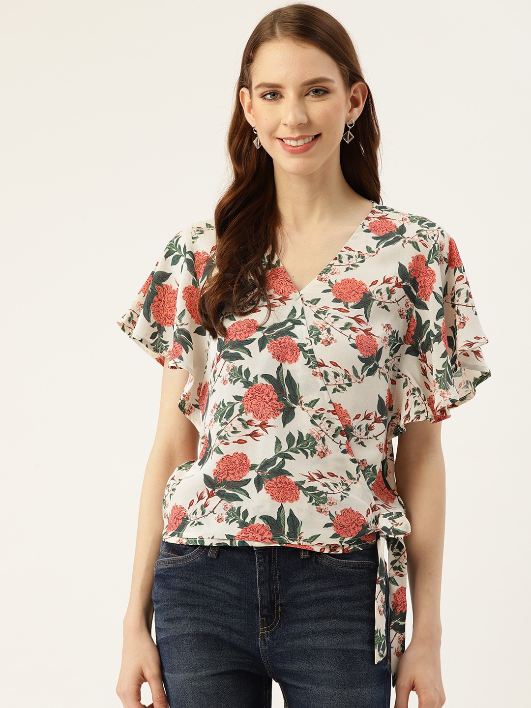 

Off Label Women Off-White & Rust Red Floral Printed Top