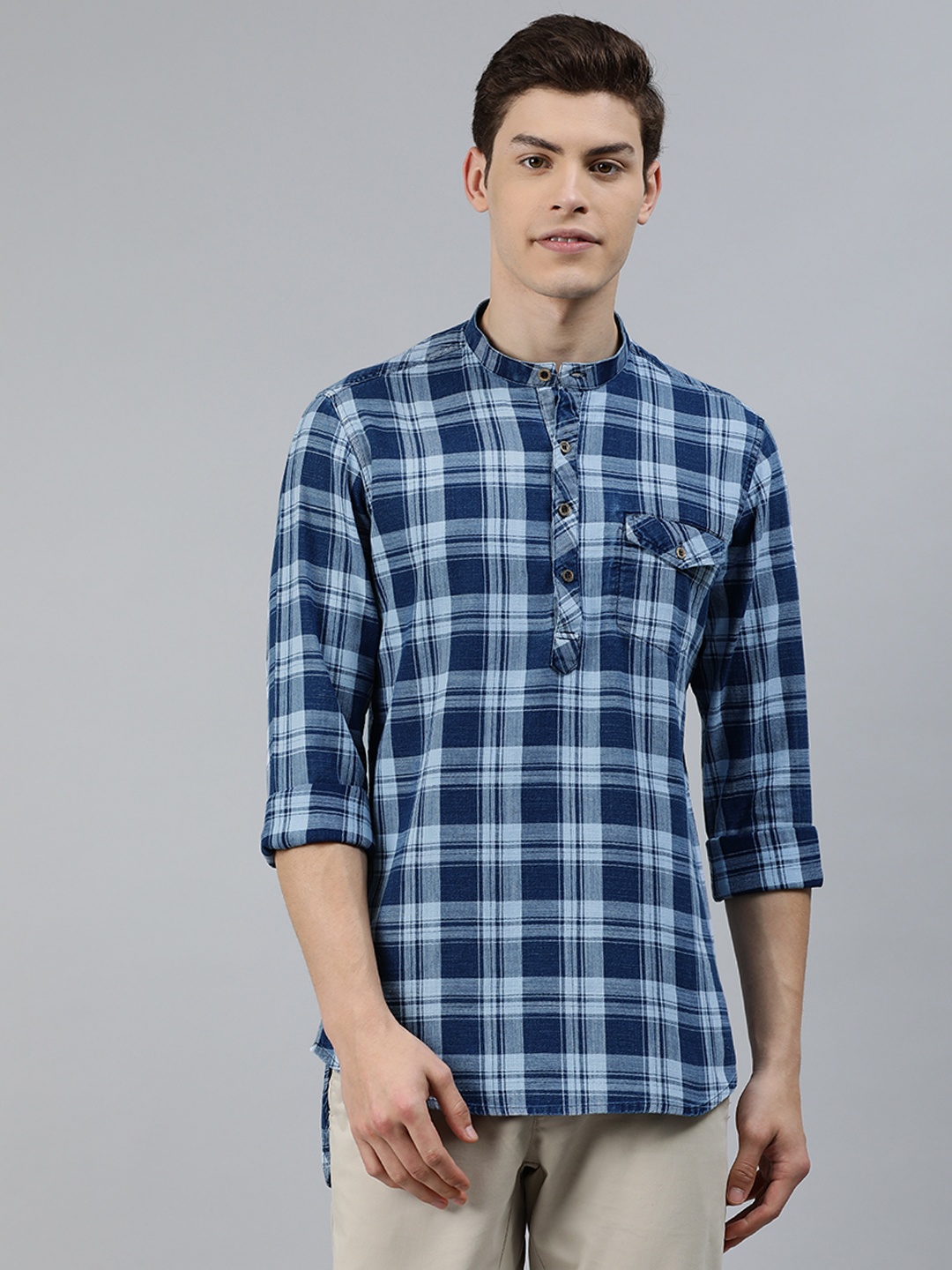

Ethnix by Raymond Men Blue Checked Straight Kurta