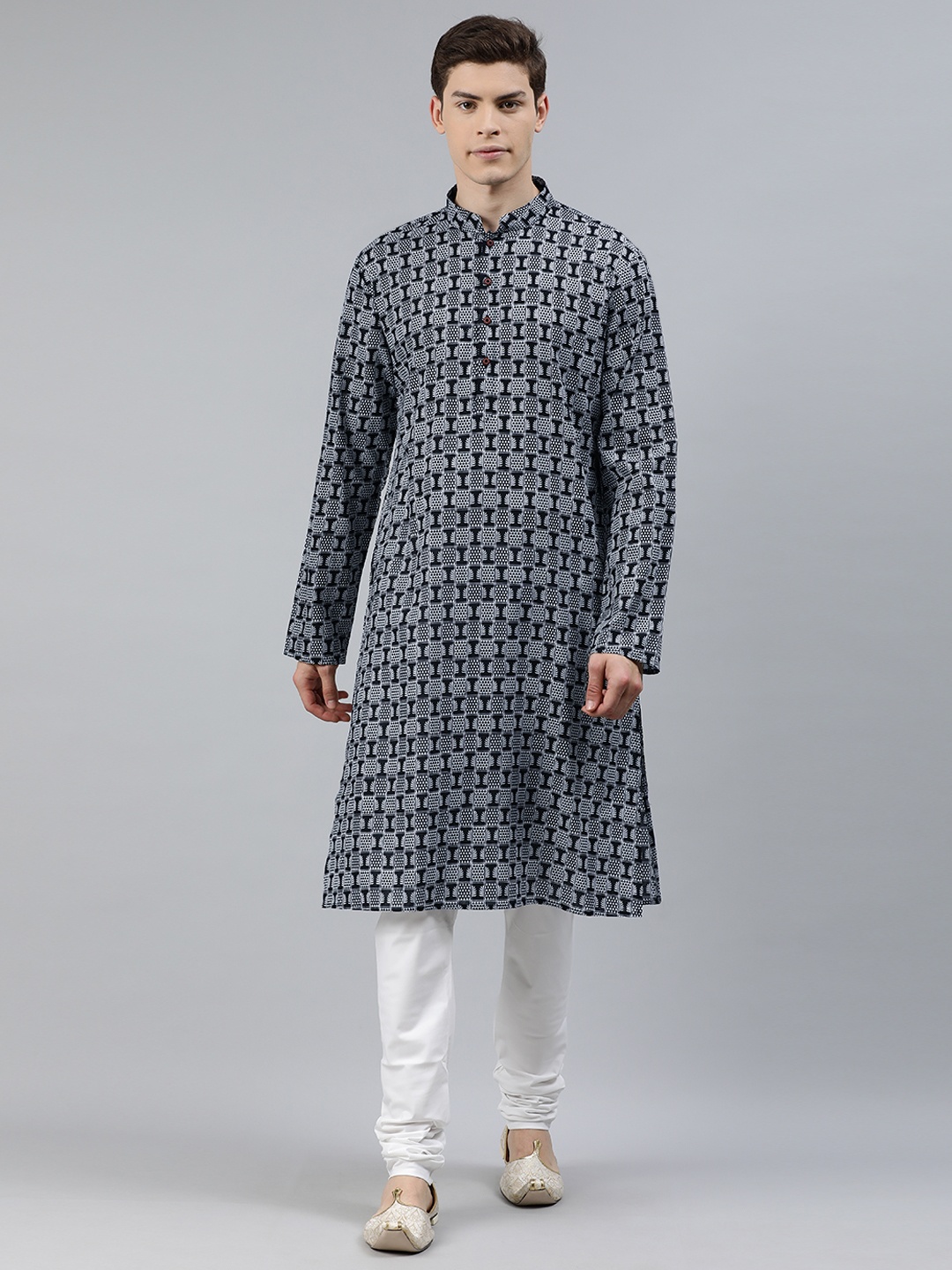 

Ethnix by Raymond Men Black & White Printed Kurta with Churidar