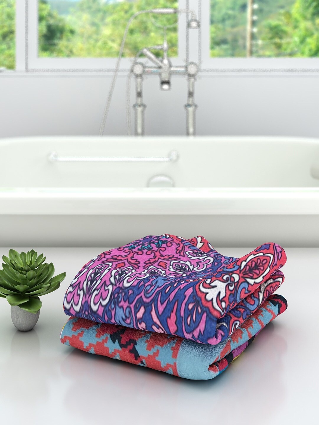 

Athom Trendz Pack Of 2 Blue & Red Printed 300 GSM Bath Towels