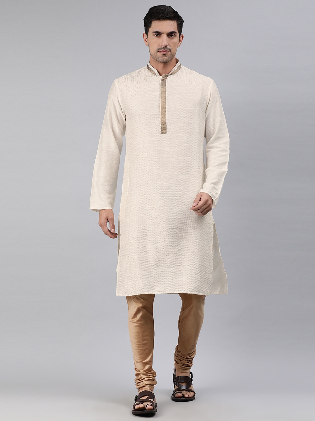 

Ethnix by Raymond Men White & Brown Self Design Kurta with Churidar
