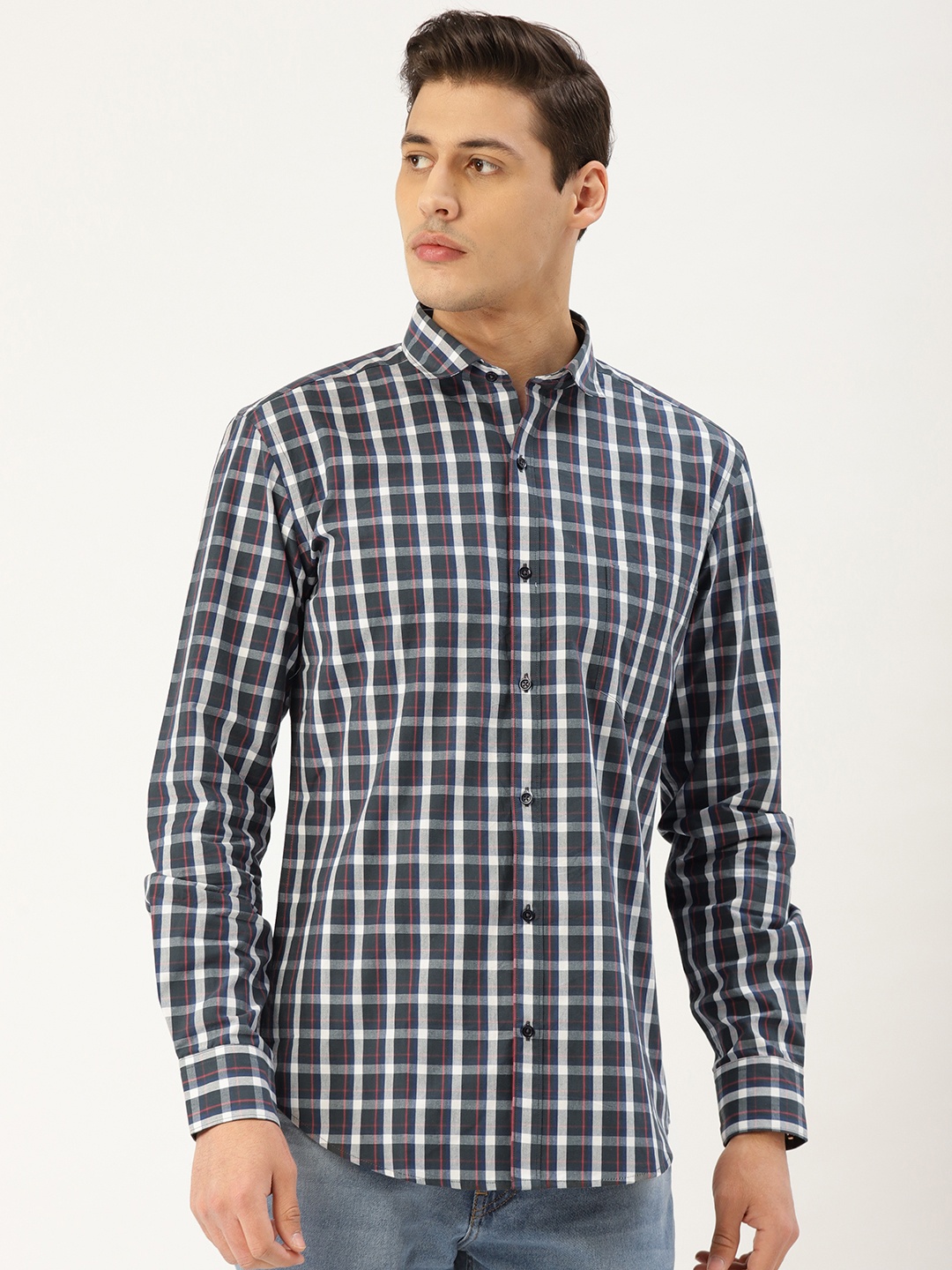 

Style Quotient Men Teal Green & Grey Checked Smart Shirt