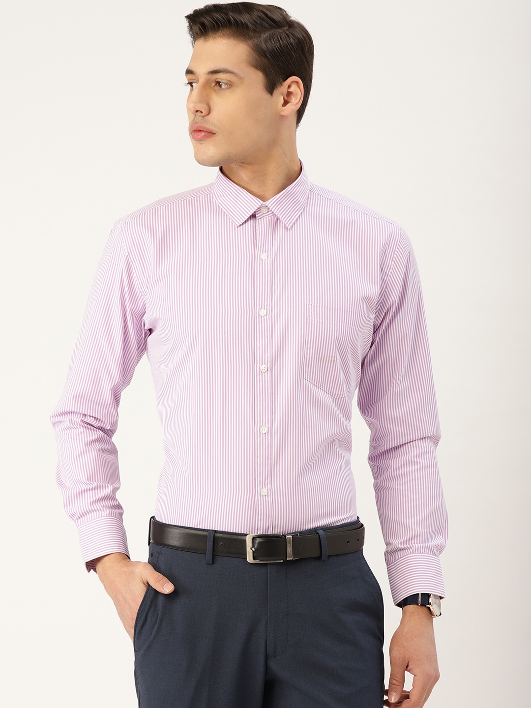 

Style Quotient Men Purple & White Striped Formal Shirt