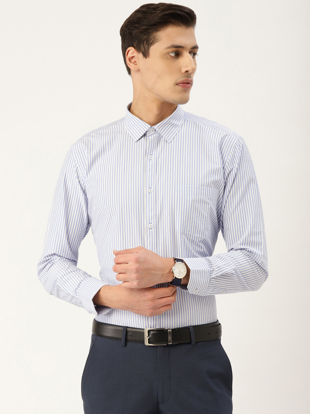 

Style Quotient Men Blue & White Striped Formal Shirt