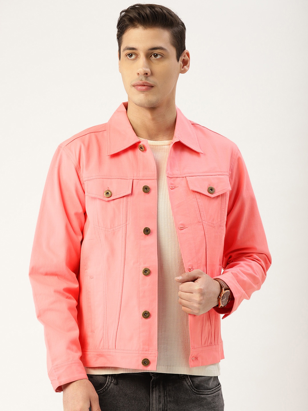 

Style Quotient Men Pink Solid Denim Jacket