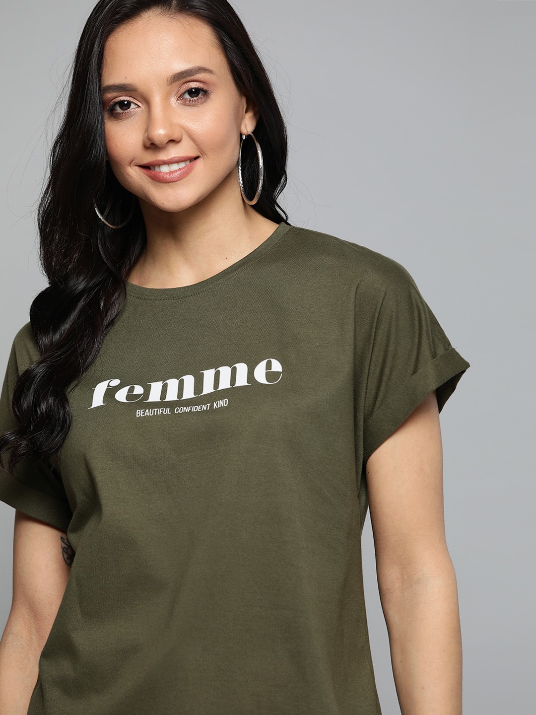 

Mast & Harbour Women Olive Green & White Typography Print Round Neck T-shirt