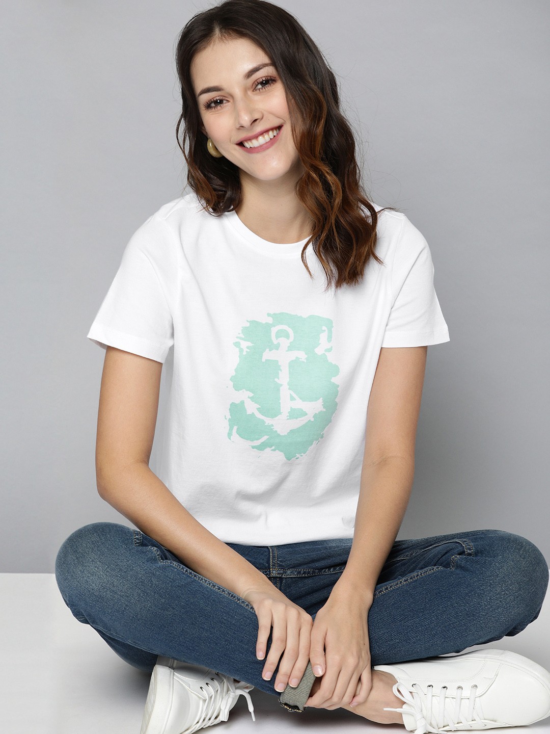 

Mast Harbour Women White Printed Round Neck Pure Cotton T-shirt