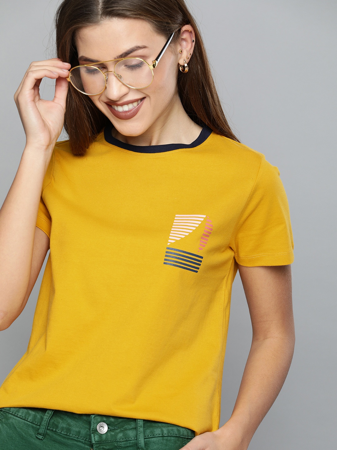 

Mast Harbour Women Mustard Yellow Solid Round Neck Pure Cotton T-shirt with Printed Detail