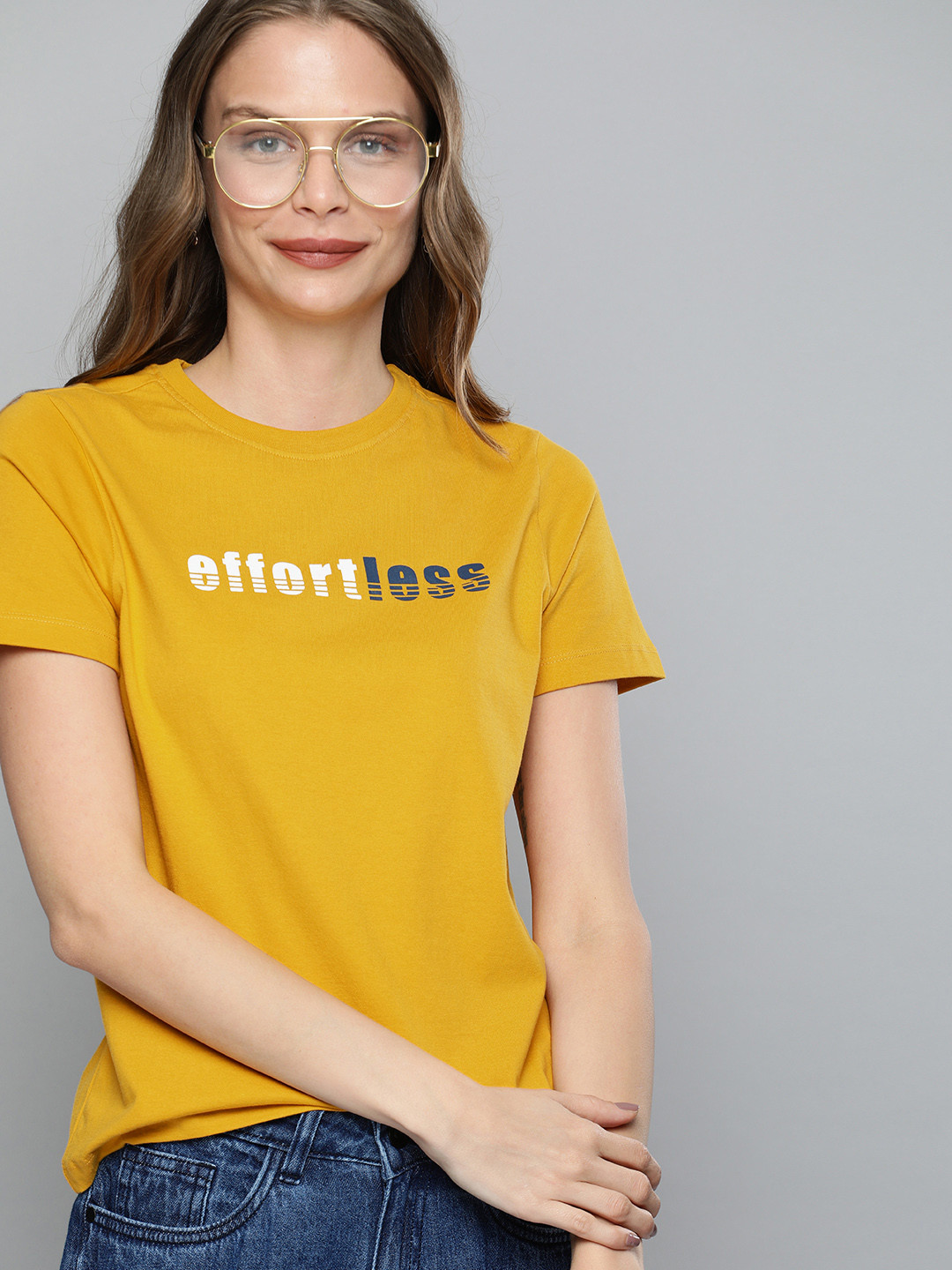 

Mast Harbour Women Mustard Yellow Printed Round Neck Pure Cotton T-shirt