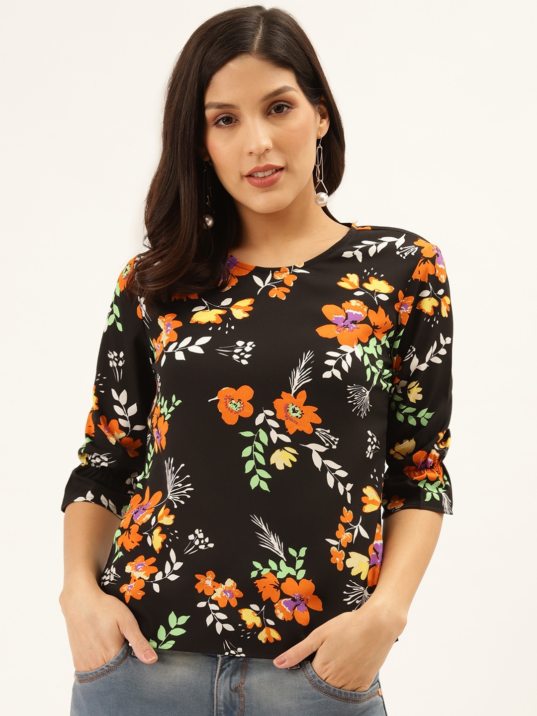 

Style Quotient Women Black & Orange Floral Print Regular Top