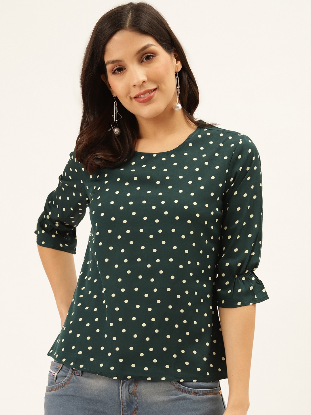 

Style Quotient Women Green & White Polka Dot Print Regular Top