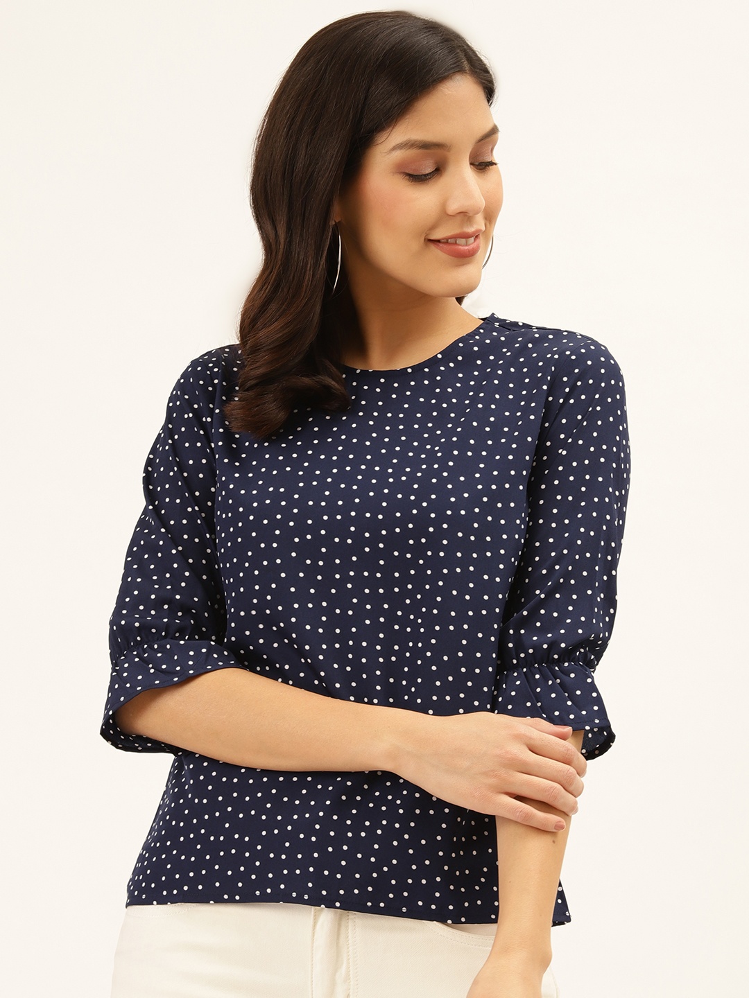 

Style Quotient Women Navy Blue & White Dot Print Regular Top