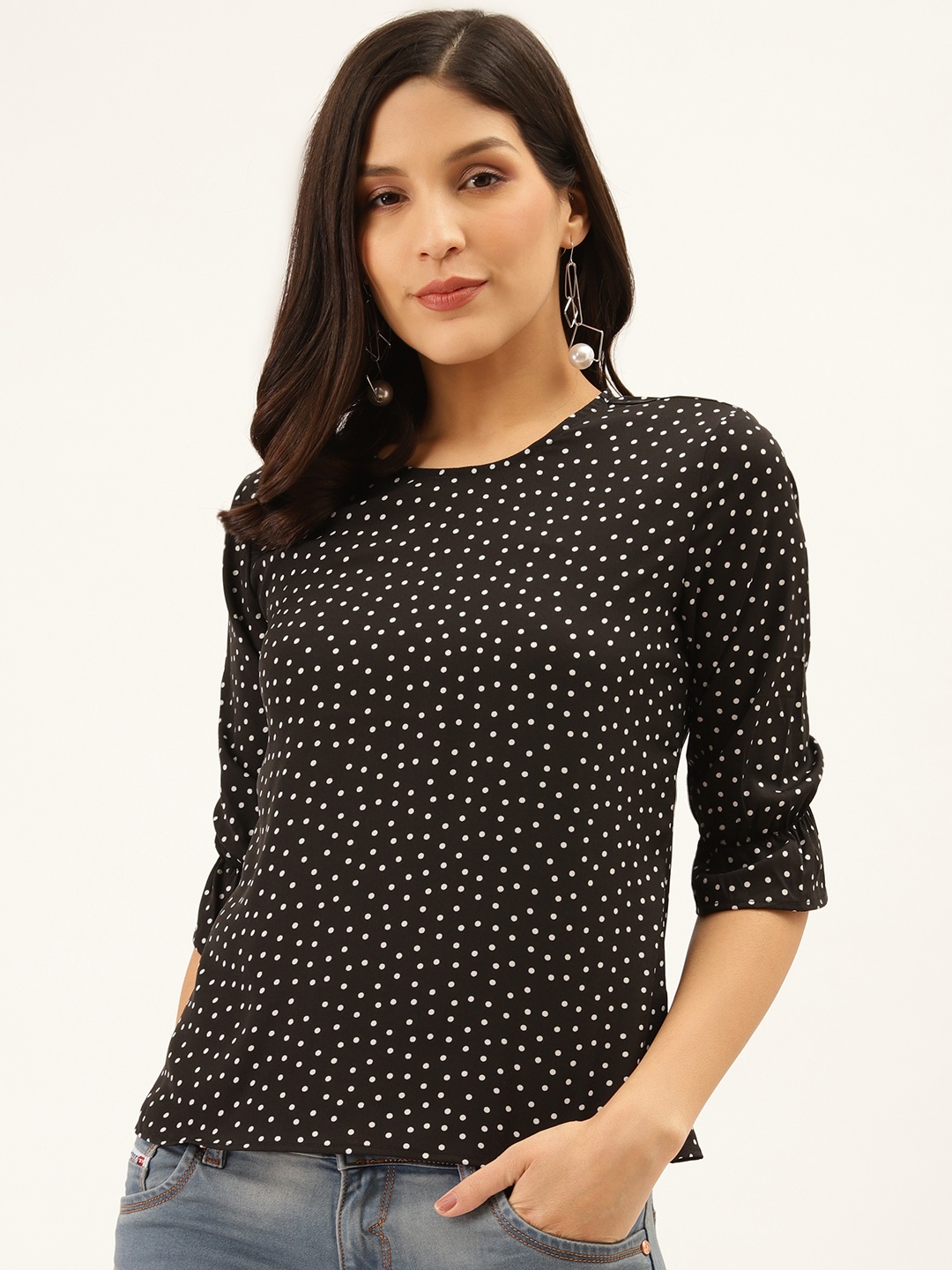 

Style Quotient Women Black & White Polka Dot Print Regular Top