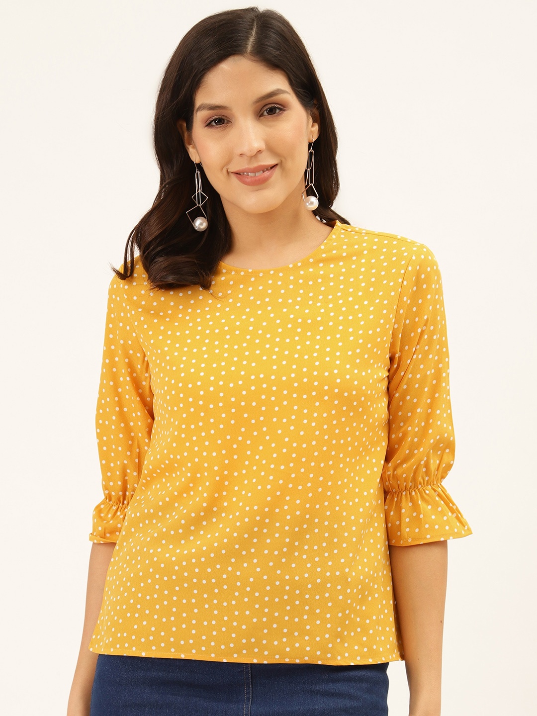 

Style Quotient Women Mustard Yellow & White Polka Dot Print Regular Top