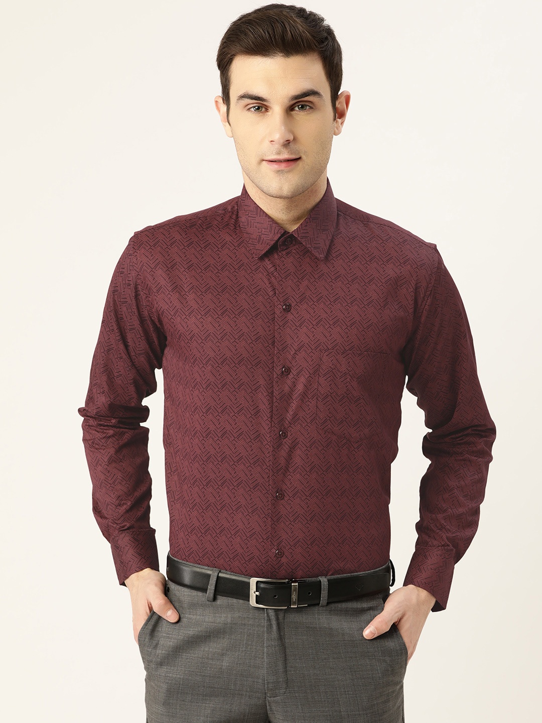 

Hancock Men Maroon Slim Fit Pure Cotton Printed Formal Shirt