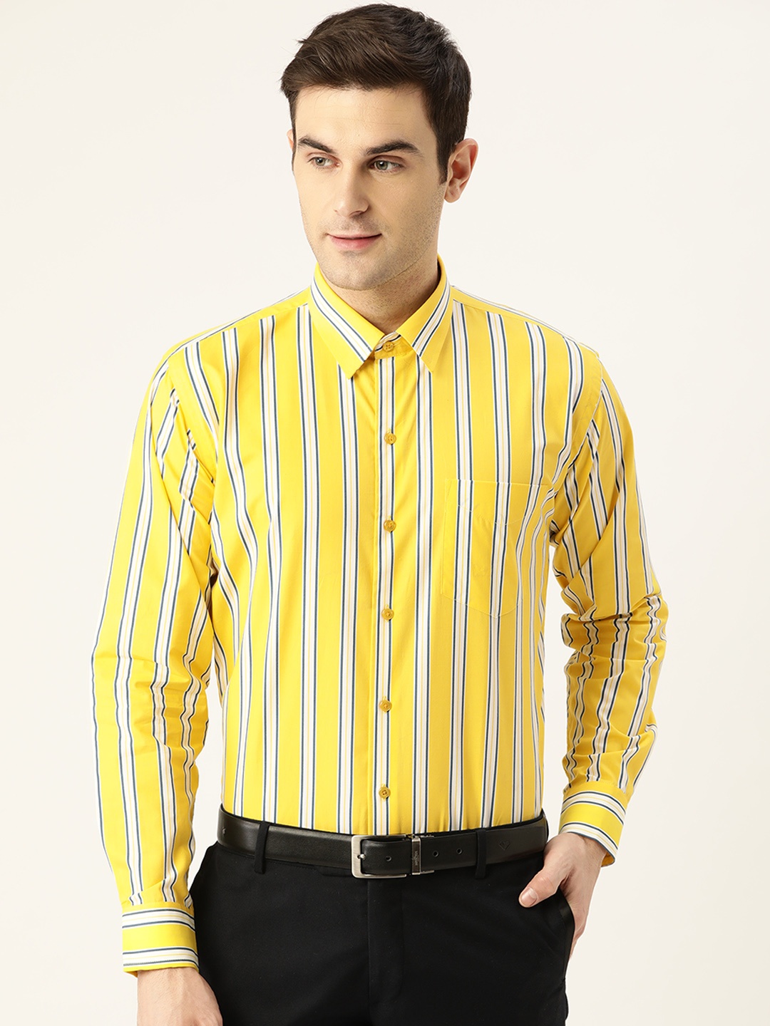 

Hancock Men Yellow & White Slim Fit Pure Cotton Striped Formal Shirt