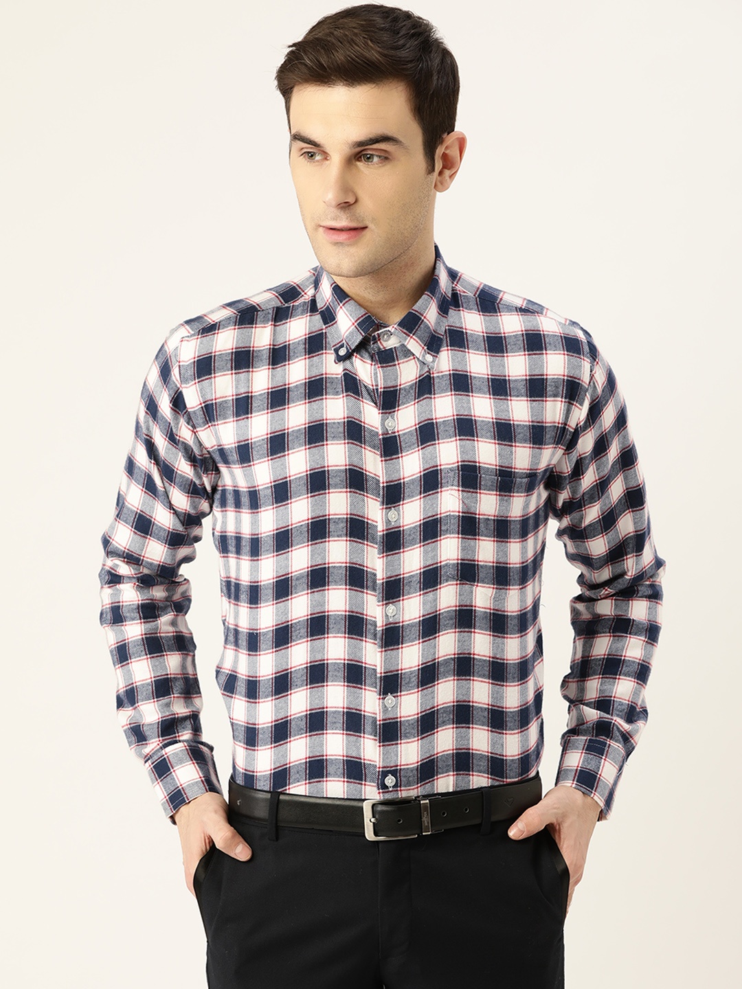 

Hancock Men Navy Blue & White Slim Fit Pure Cotton Checked Formal Shirt