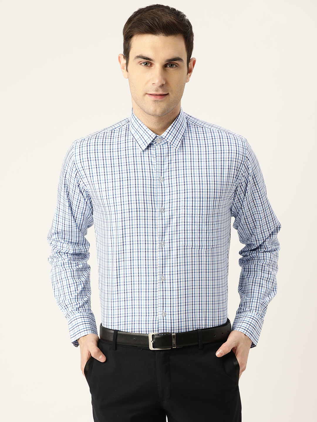 

Hancock Men White & Blue Pure Cotton Slim Fit Checked Formal Shirt