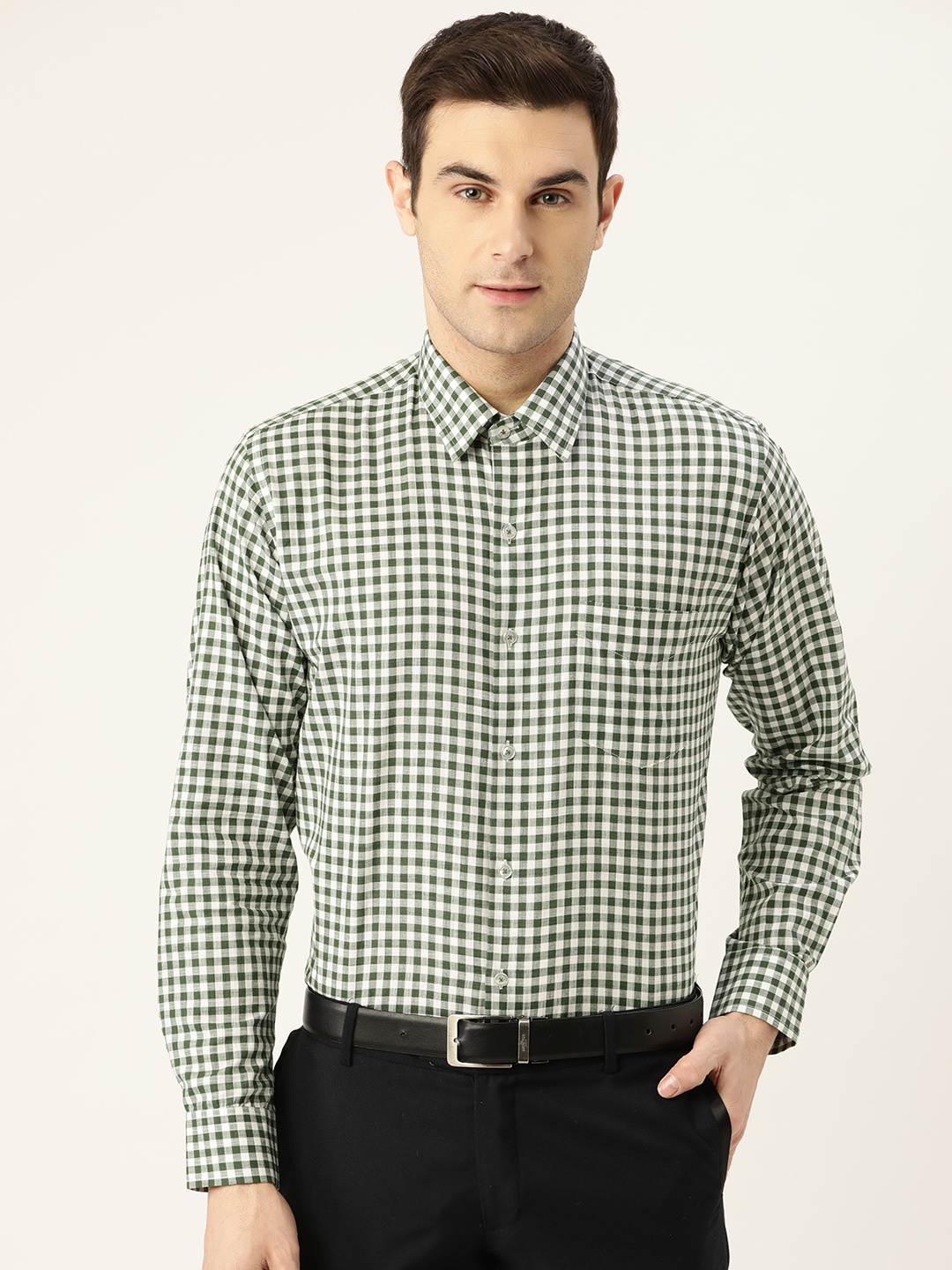 

Hancock Men Olive Green & White Slim Fit Checked Formal Shirt