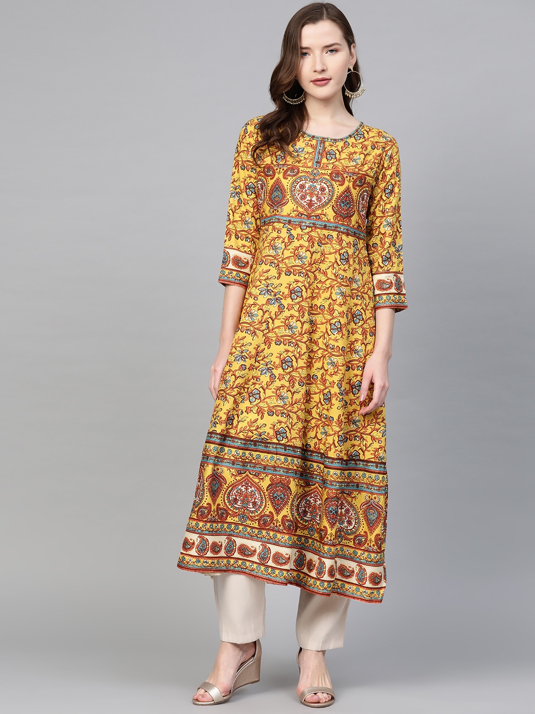 

YASH GALLERY Women Mustard & Maroon Printed Anarkali Kurta
