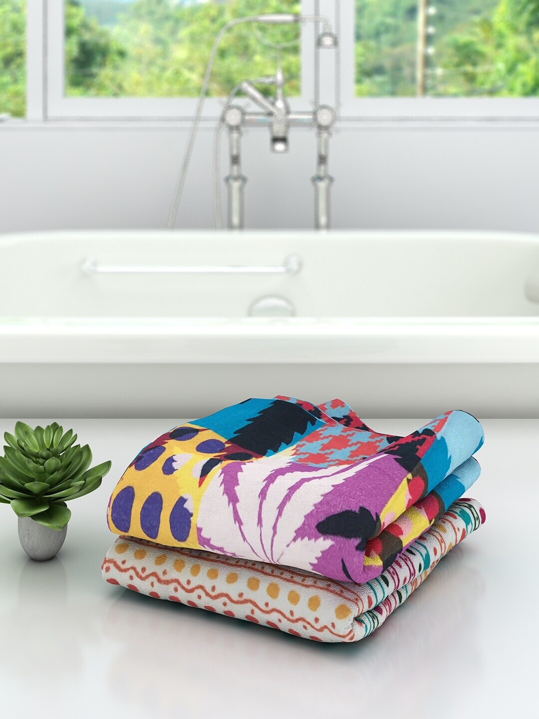 

Athom Trendz Unisex Pack Of 2 Printed 300 GSM Bath Towels, Blue