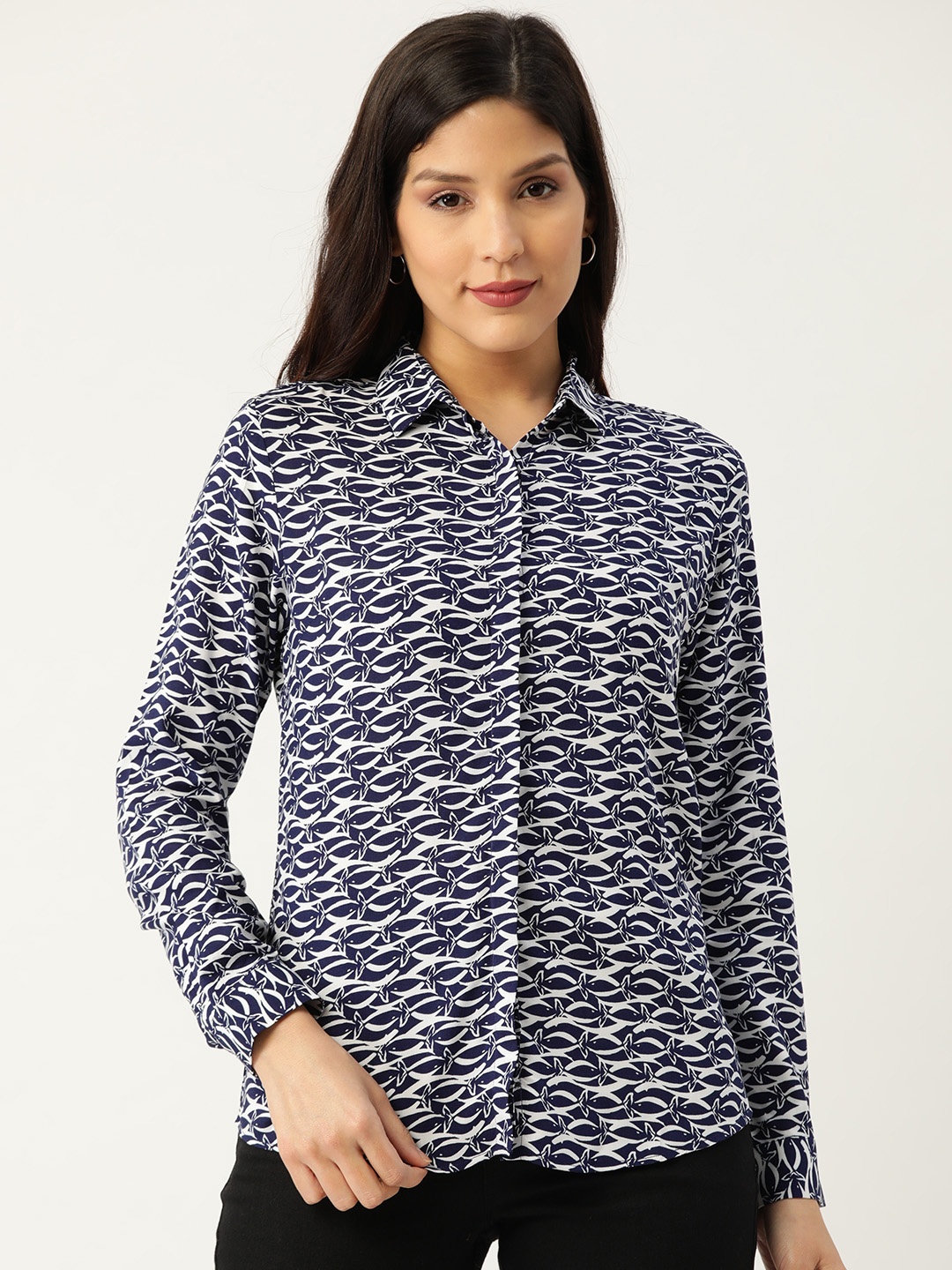

Hancock Women Navy Blue & White Printed Slim Fit Formal Shirt