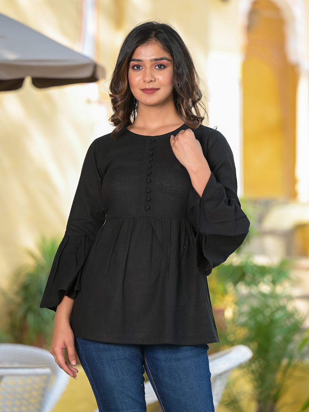 

YASH GALLERY Black Solid Bell Sleeves A-Line Top