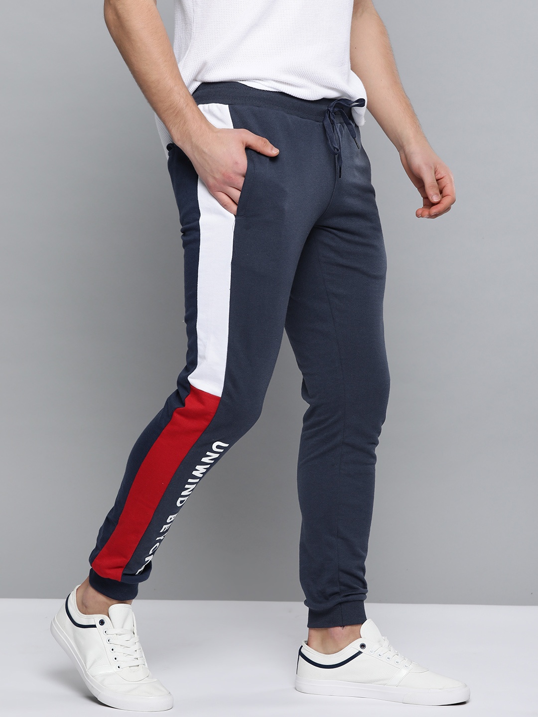 

Mast & Harbour Men Navy Blue Solid Joggers with Side Panel Detail