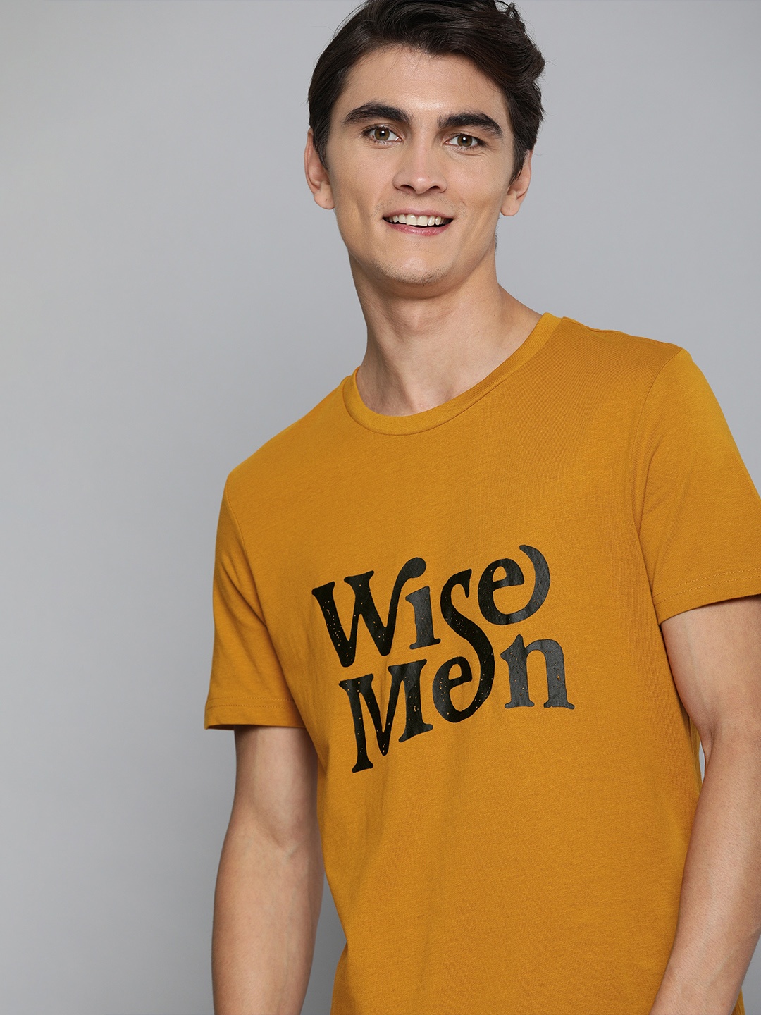 

Mast Harbour Men Mustard Printed Round Neck Pure Cotton T-shirt