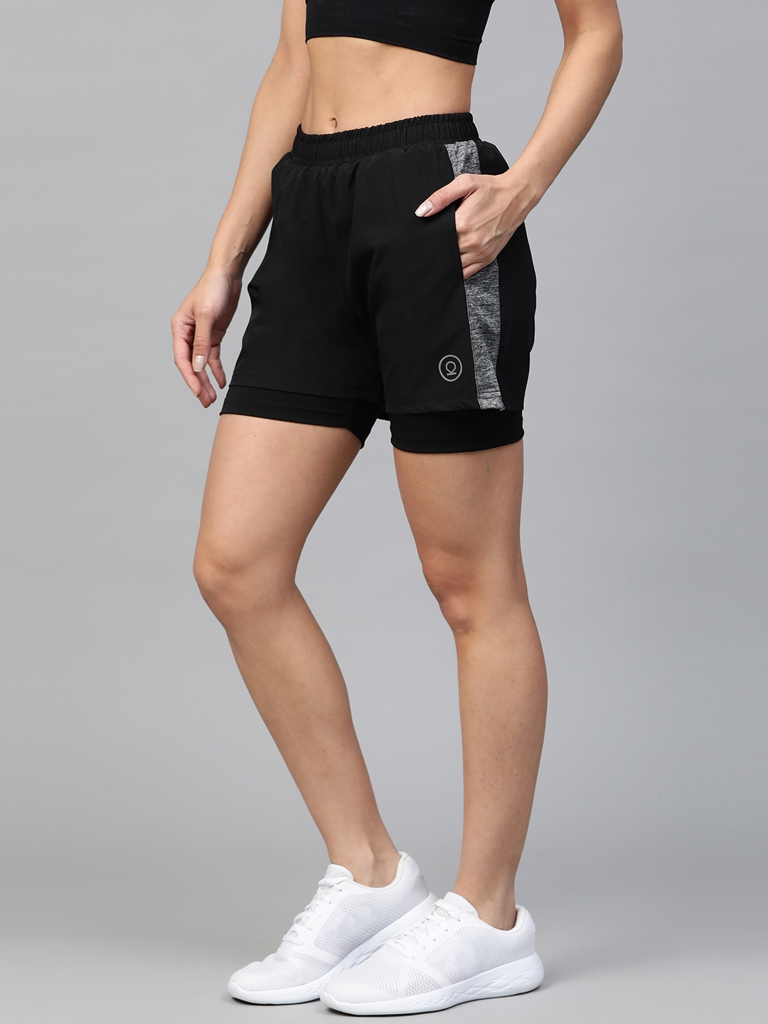 

CHKOKKO Women Black Side Panelled Regular Fit Double Layered Running Shorts