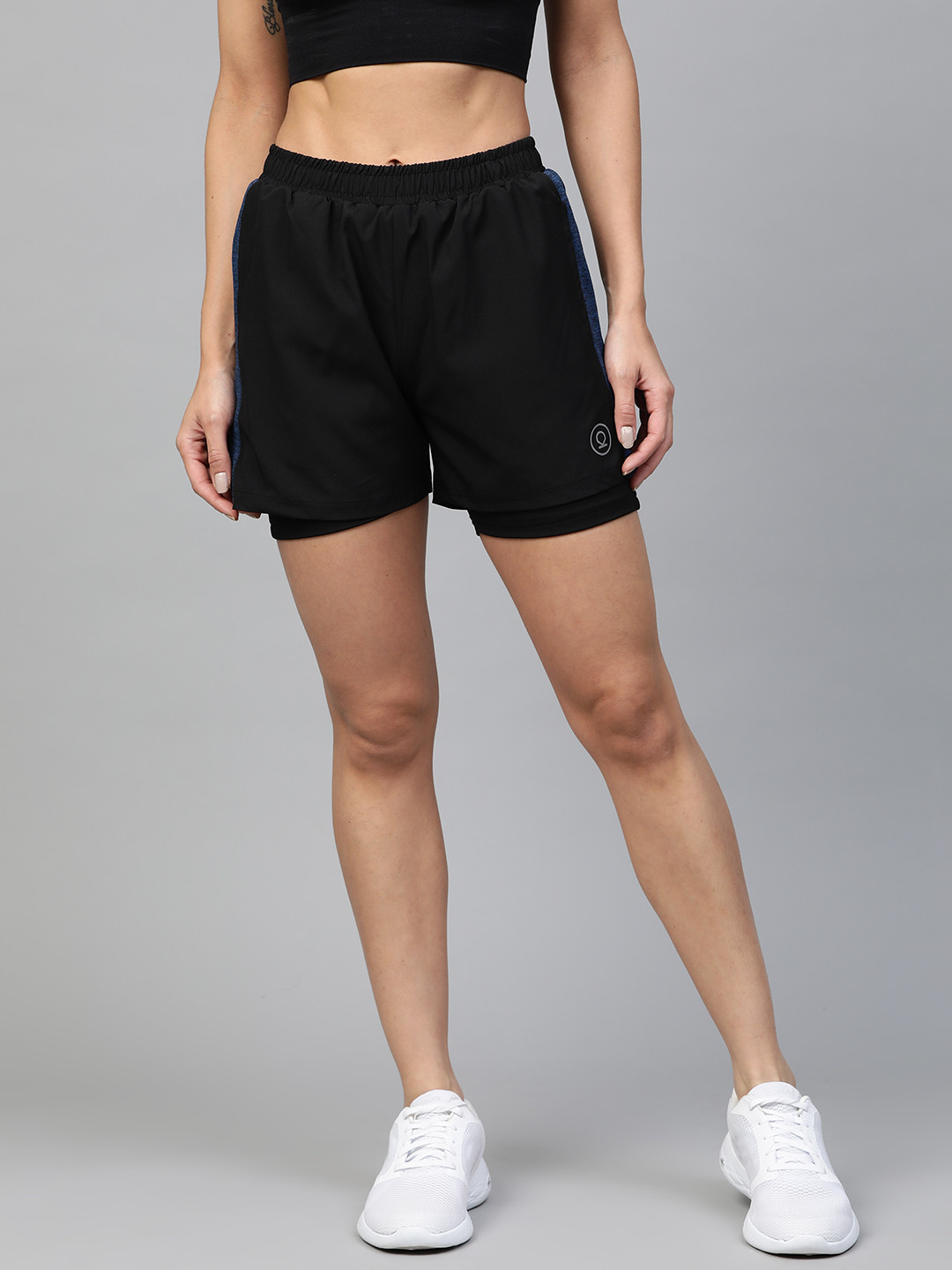 

CHKOKKO Women Black Side Panelled Regular Fit Double Layered Running Shorts