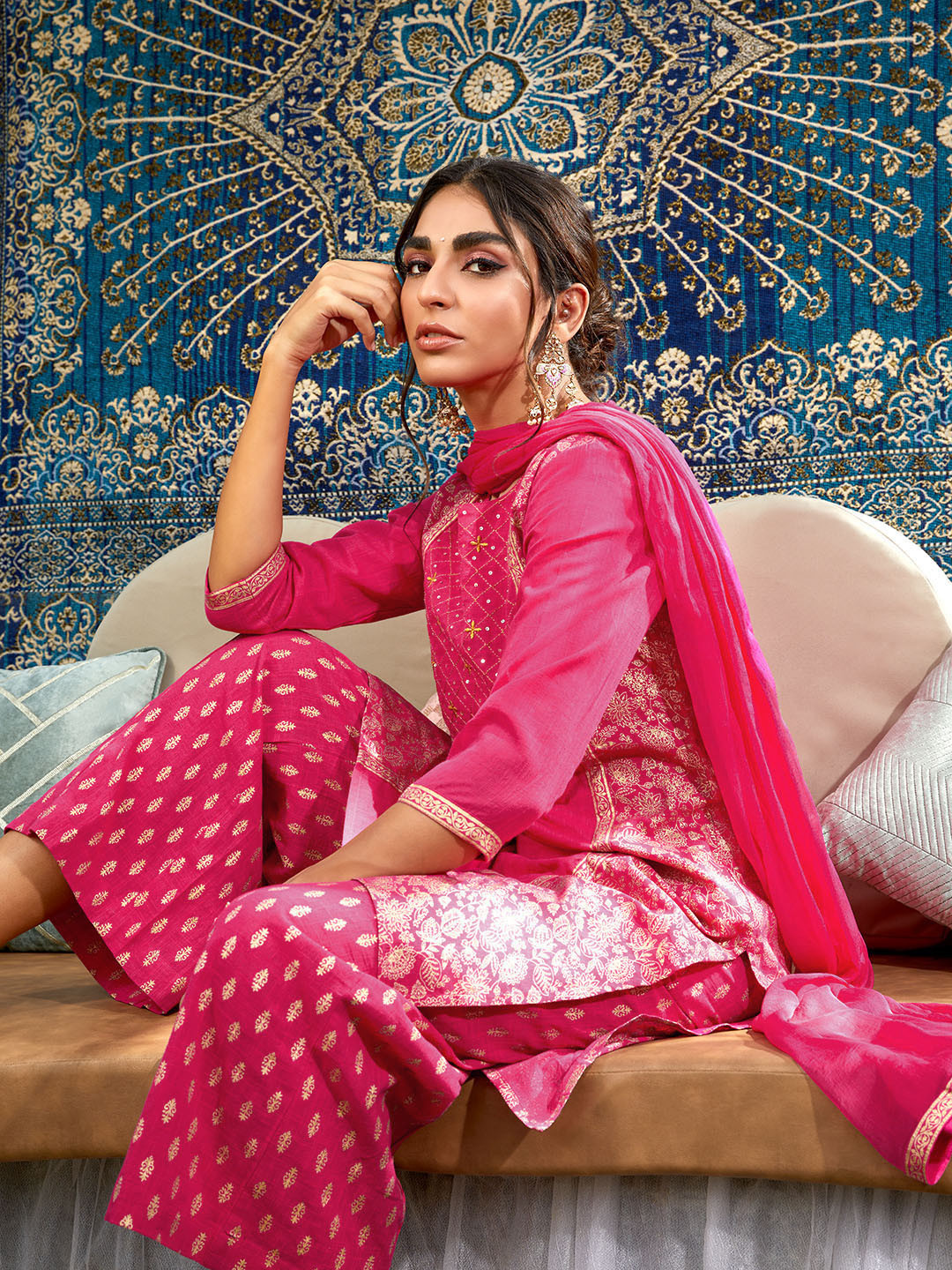 

Sangria Women Pink & Golden Printed Kurta with Palazzos & Dupatta