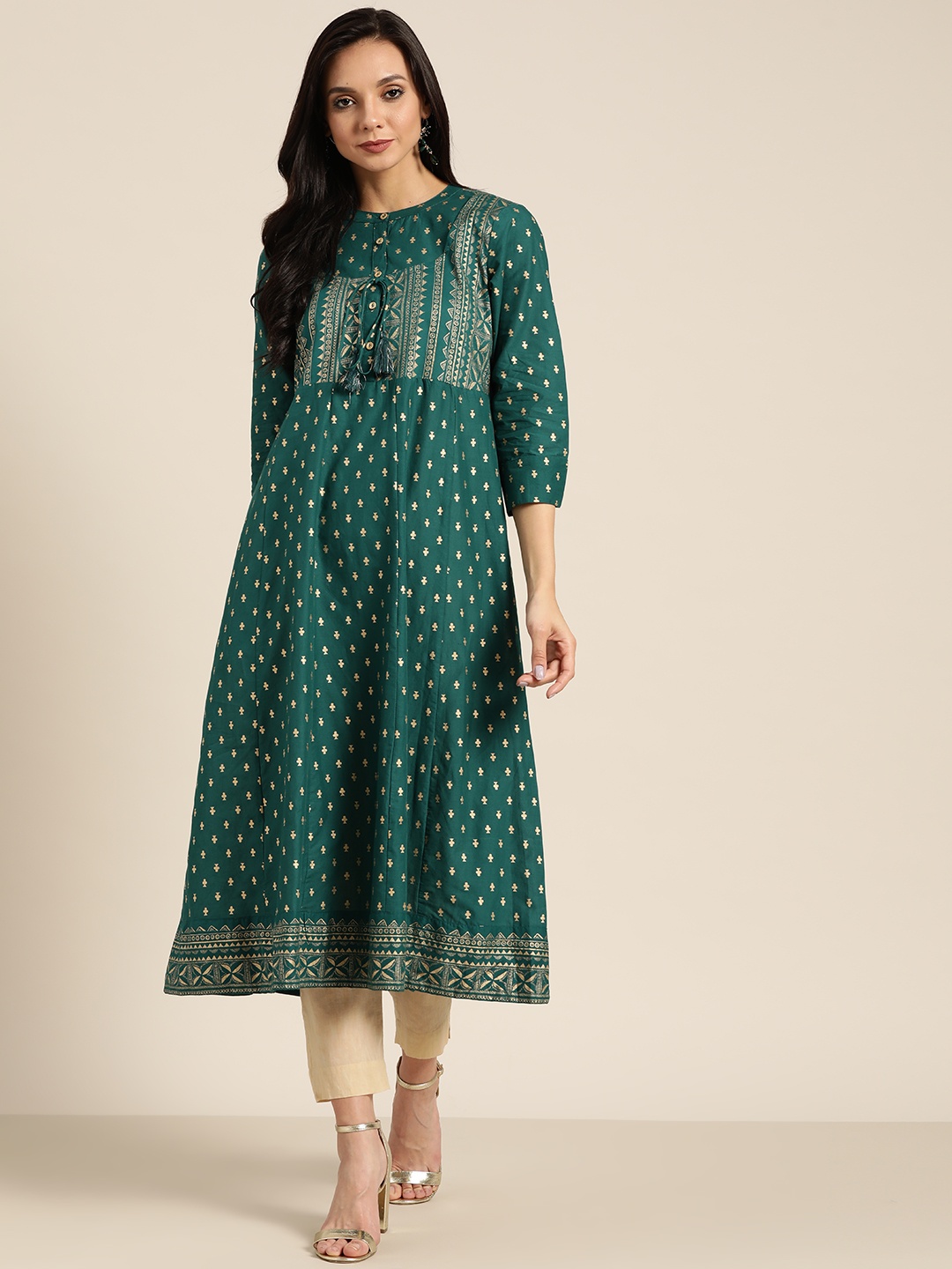 

Sangria Women Teal Green & Golden Printed Pure Cotton A-Line Kurta