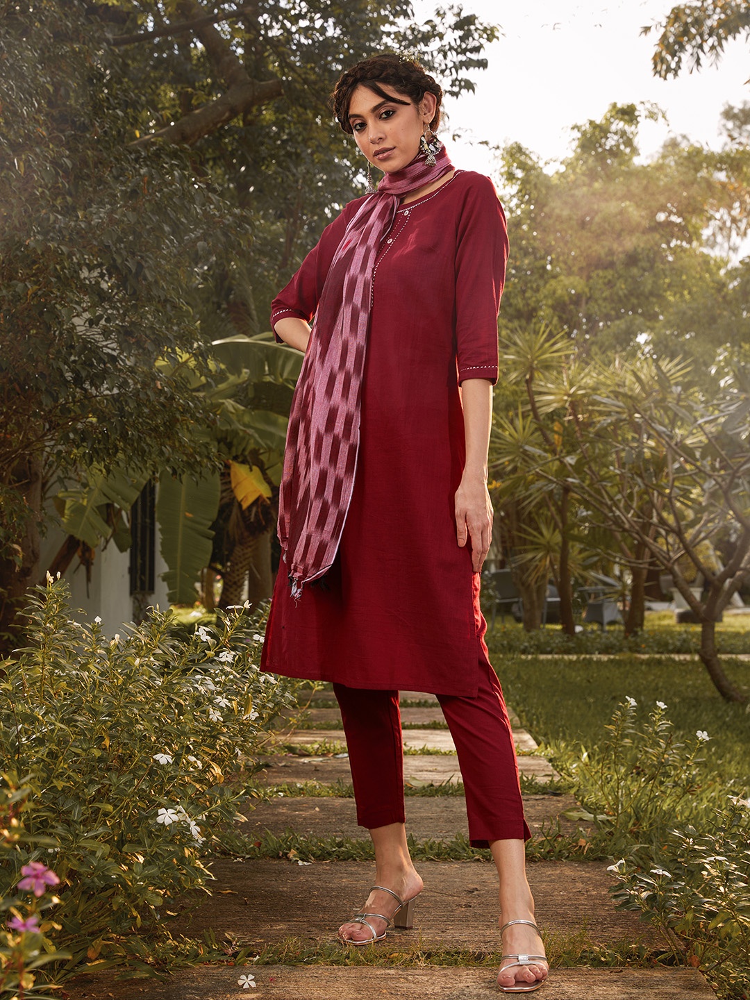 

Sangria Women Maroon Pure Cotton Solid Kurta with Trousers & Dupatta
