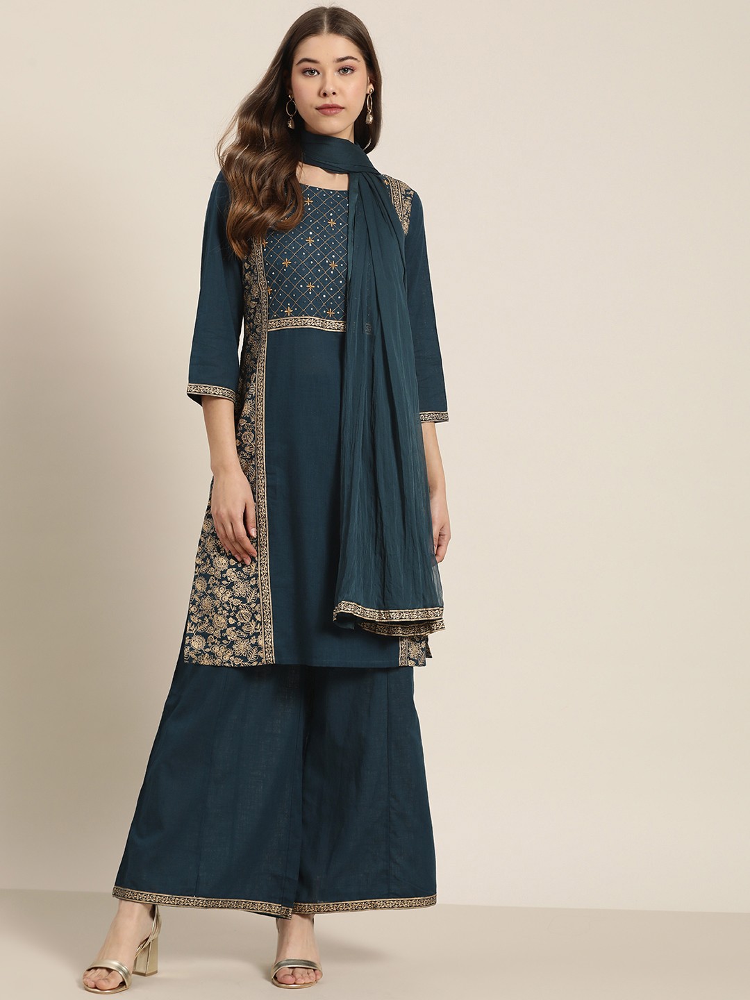 

Sangria Women Teal Blue & Golden Printed Kurta with Palazzos & Dupatta