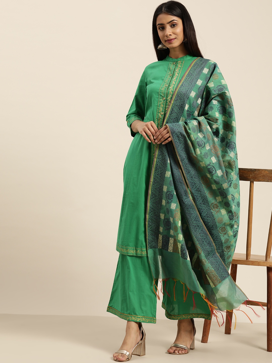 

Sangria Women Green & Golden Printed Yoke Design Pure Cotton Kurta with Palazzos & Dupatta